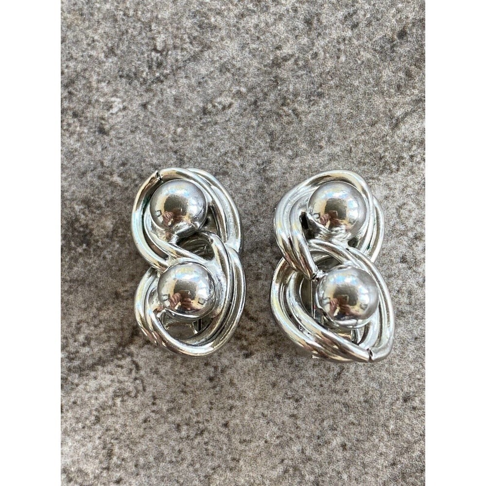 Vintage Clip Ons Earrings Silver Tone Abstract Design Geometric Art Deco